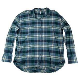 Free People Blue Plaid Raw Hem Oversized Flannel Button Down Top Large Women